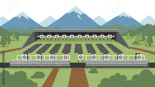 Archery range in scenic mountain landscape with target lanes