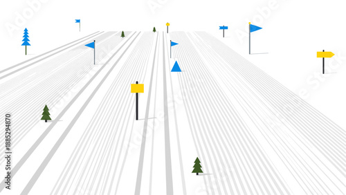Minimalist 3d winter landscape with flags and trees on ski slope