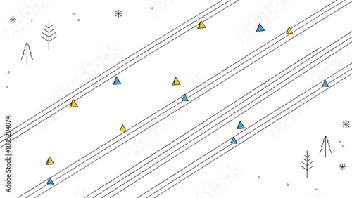 Minimalist winter highway scene with snow and traffic markers in flat design