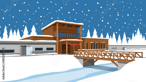 Modern cabin retreat in snowy winter wonderland with bridge and pine trees