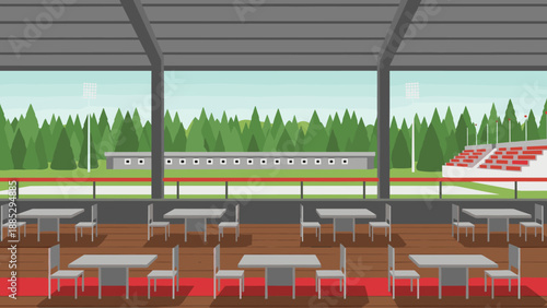 Outdoor sports stadium with modern seating and green forest backdrop