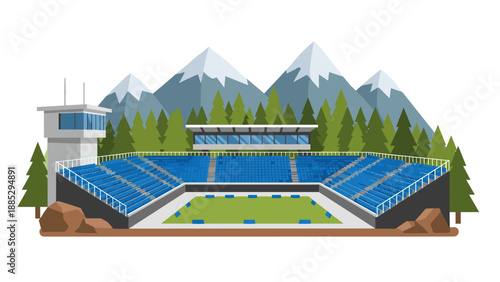 Mountain stadium surrounded by pine forest with snowy peaks in the background
