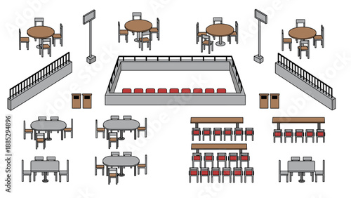 Isometric restaurant furniture layout with tables and chairs