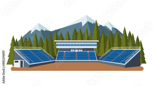 Mountainous outdoor stadium with forest and bleachers in scenic landscape