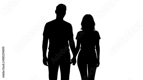 Silhouette Couple Holding Hands White Background.