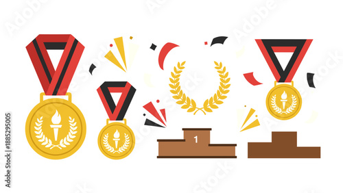 Award ceremony elements set: medals, podium, and laurel wreath in flat design