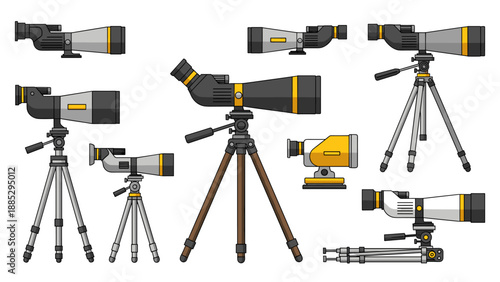 Flat design telescopes and tripods collection in various angles