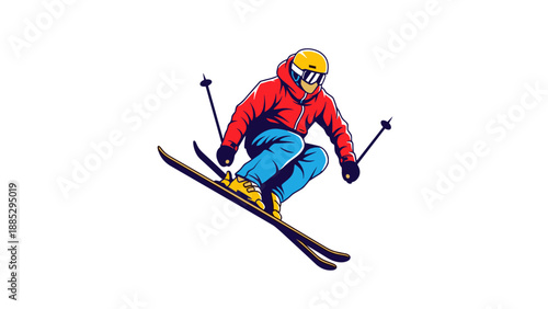 Dynamic ski jumper in action with bold colors and energetic movement