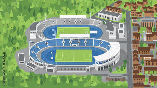 Aerial isometric view of modern sports stadium in urban setting with green surroundings