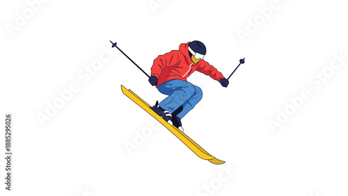 Dynamic skiing adventure: colorful ski jumper in motion on white background