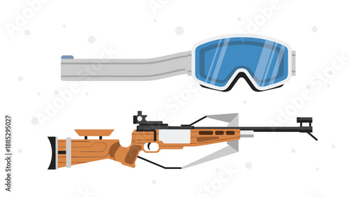 Biathlon equipment featuring blue ski goggles and biathlon rifle on white background