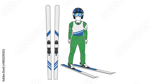 Ski jumper in green suit with blue accents and equipment