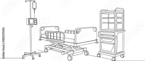 Hospital room equipment line art illustration with patient bed, IV stand and medical trolley in clean minimal vector style