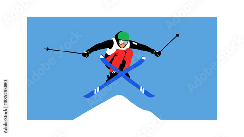 Dynamic ski jumper freestyle over snowy mountain in minimalist style