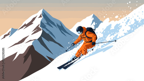 Skier in orange suit descending snowy mountain with dynamic motion and snow spray