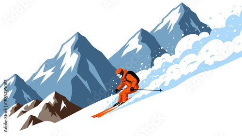 Skiing adventure in snowy mountains with dynamic energy and scenic landscape