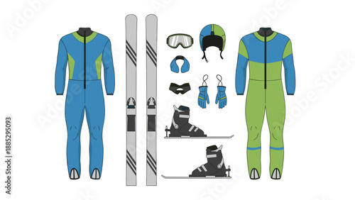 Winter sports gear collection in flat design for skiing and snowboarding