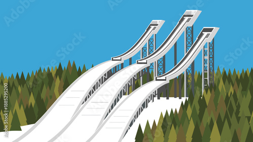 Ski jump ramps in forest: majestic winter sports venue in minimalist art