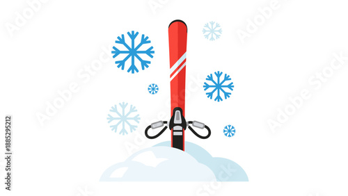 Winter ski adventure: skis in powdery snow with snowflakes