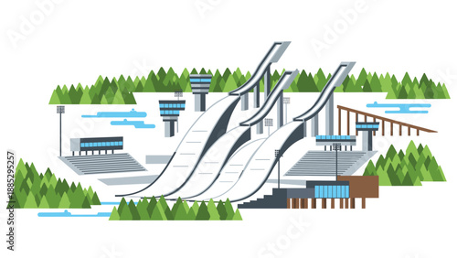 Modern ski jumping complex in scenic forest landscape