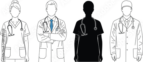 Medical staff silhouette and line art set with doctors and nurses in professional healthcare uniform vector illustration