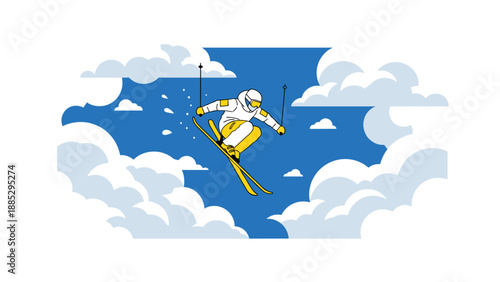 Dynamic ski jumper in mid-air with clouds in the background