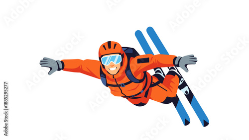 Dynamic skier in freefall with parachute on white background