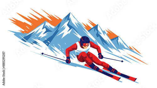 Dynamic alpine skier racing down snowy mountain slope in vibrant art