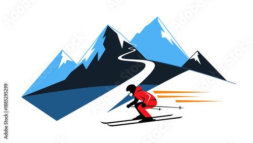 Dynamic alpine adventure with skier and majestic snowy mountains