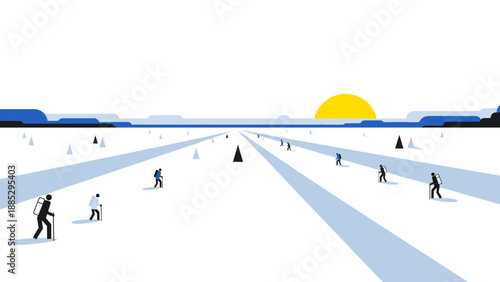 Minimalist landscape: winter hikers in expansive snowy field at sunrise