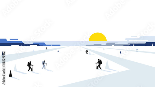 Minimalist winter landscape with skiers at sunrise