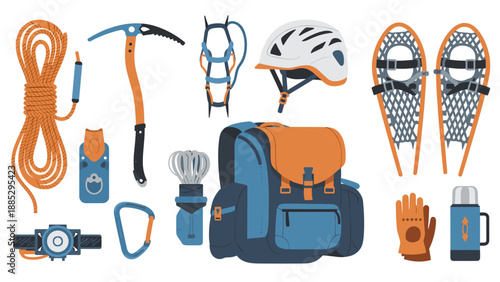 Essential gear for mountain adventures in modern flat design