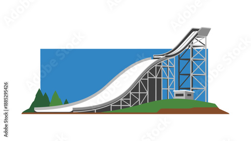Ski jump ramp against blue sky with trees in geometric style