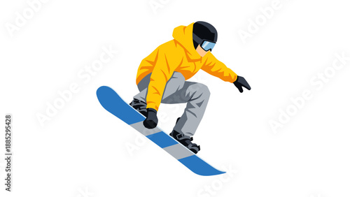 Dynamic snowboarder in mid air jump with bright winter gear