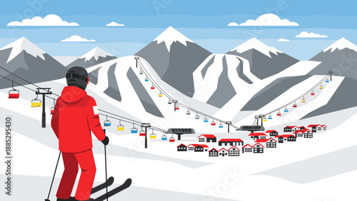 Skier overlooking snowy village and mountains with ski lift in winter landscape