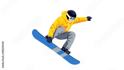 Dynamic snowboarder in mid-air trick with bright winter gear