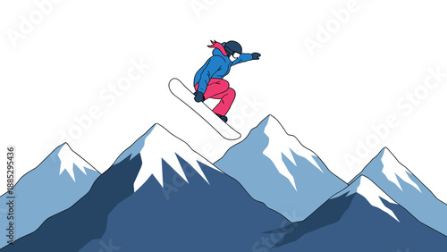 Snowboarder jumping over mountain peaks in dynamic minimalist style
