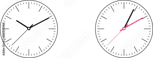 Minimal analog clock face set showing different hand positions for time concept, schedule and deadline vector illustrations
