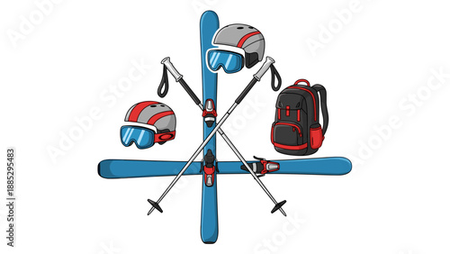 Ski equipment collection with helmets goggles and backpacks