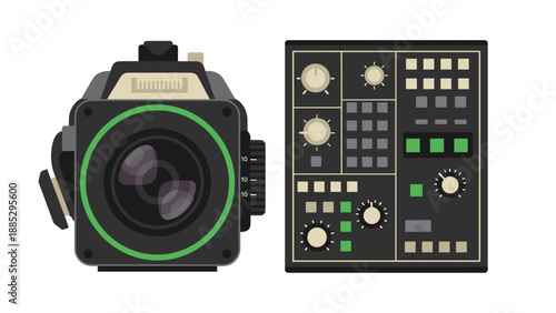 Retro camera equipment and control panel in flat design on white background