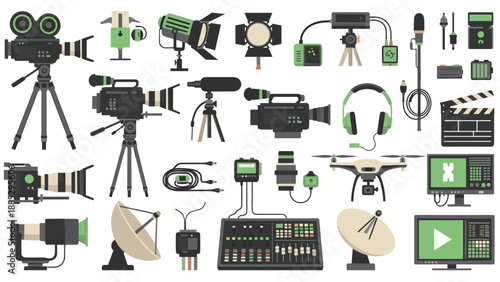 Flat style video production equipment icons collection for creative projects