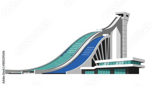 Modern architectural abstract of a ski jumping tower with blue accents