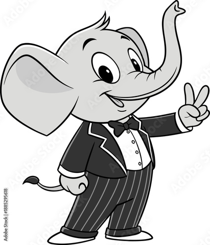 A cartoon-style image of a young elephant wearing a formal tuxedo, centered on a white background. The elephant is depicted in a full-body view and stands upright, facing forward, conveying a friendly
