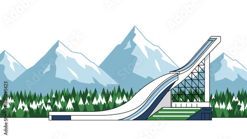 Modern winter ski jump with majestic snowy mountain backdrop