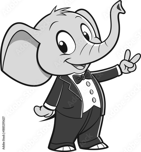 A cartoon-style image of a young elephant wearing a formal tuxedo, centered on a white background. The elephant is depicted in a full-body view and stands upright, facing forward, conveying a friendly