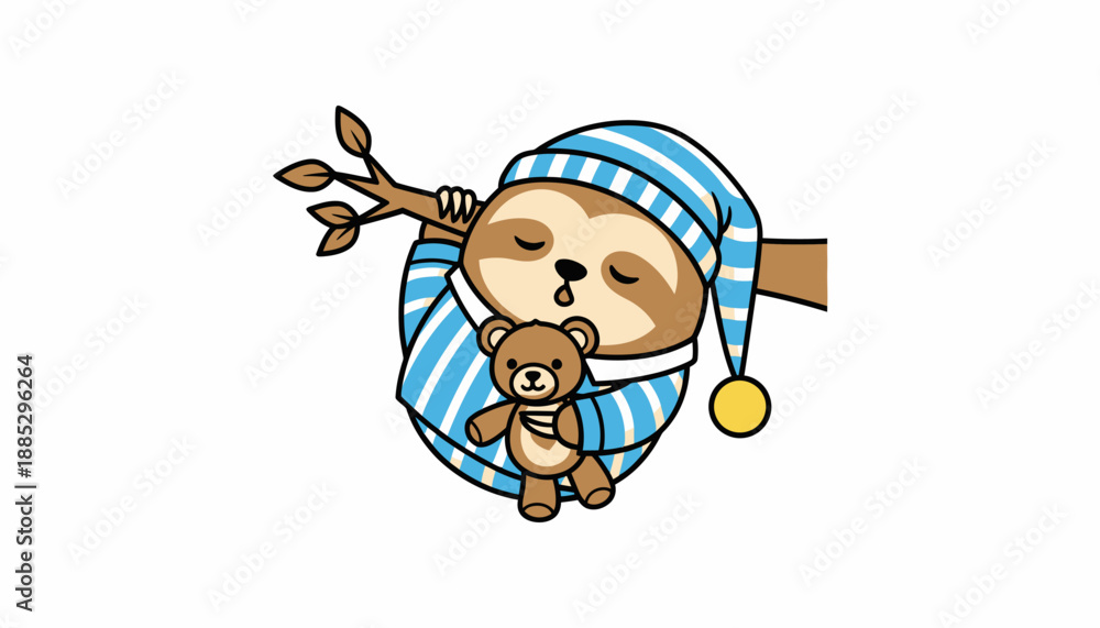 Fototapeta premium A cute cartoon sloth wearing a blue striped sleeping cap and pajamas, holding a teddy bear while sleeping on a tree branch.