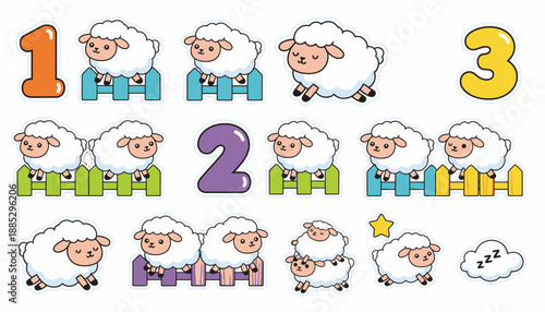 Cute cartoon sheep with numbers 1, 2, and 3, illustrating counting and basic arithmetic for children.