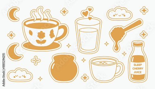 A collection of cute, kawaii-style illustrations featuring warm beverages, a honey dipper, a bottle labeled 'Sleep Cherry Juice', and celestial elements like moons and stars.