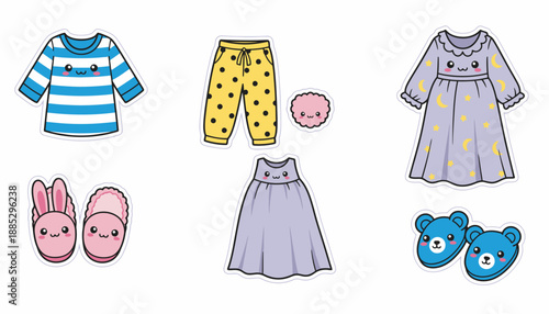 A collection of cute cartoon pajamas and slippers for children, featuring playful designs like stripes, polka dots, and animal motifs.