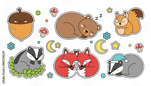 A charming collection of cute woodland animals including a sleeping bear, foxes, a badger, and a squirrel, surrounded by acorns, mushrooms, and celestial elements like moons and stars.